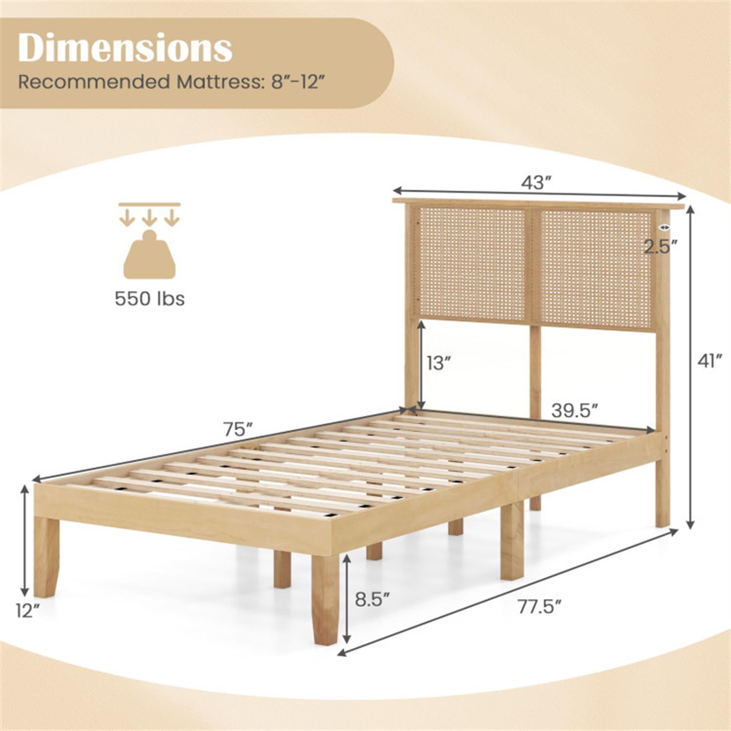 Demi Bonn Twin Size Bed Frame with Rattan Headboard, Platform Bed Frame with 12 Strong Wood Slat Support, No Box Spring Needed, Beige