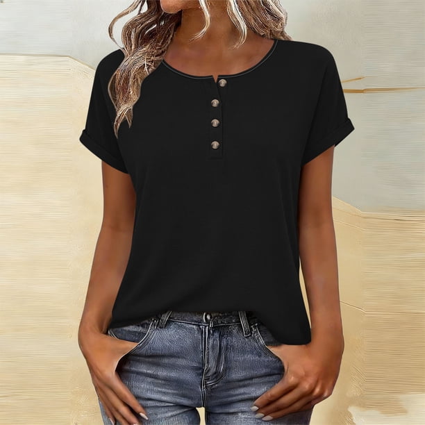 TaTaai 2026 Spring Summer Solid Color Short Sleeve Top for Women Round Neck Button Front Casual Blouse Basic Tee Comfy Daily Vacation Outfits Gift