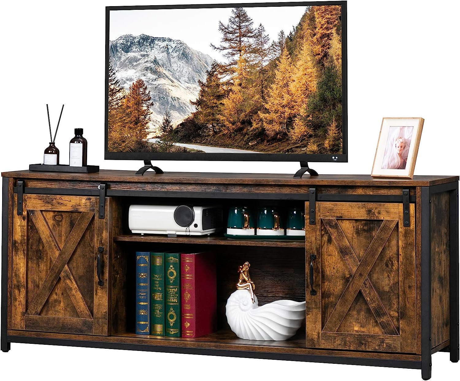SunnyEQ Farmhouse Sliding Barn Doors TV Stand for TVs up to 65", Rustic Entertainment Center