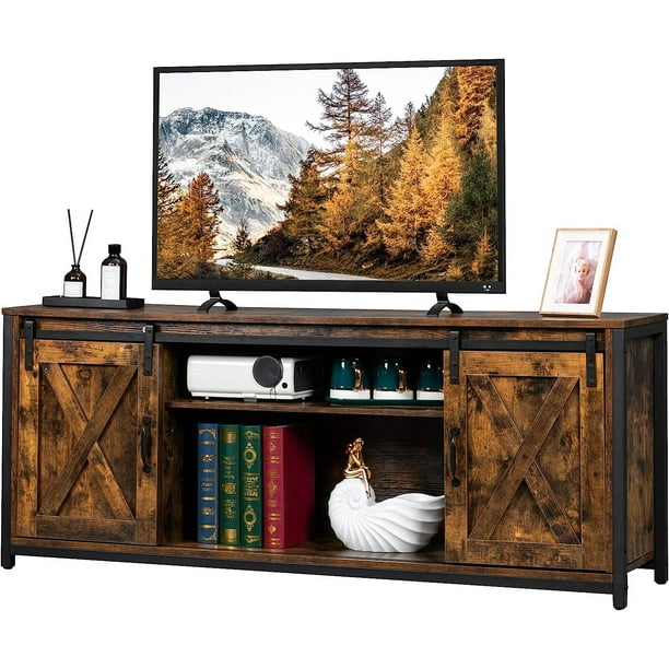 SunnyEQ Farmhouse Sliding Barn Doors TV Stand for TVs up to 65", Rustic