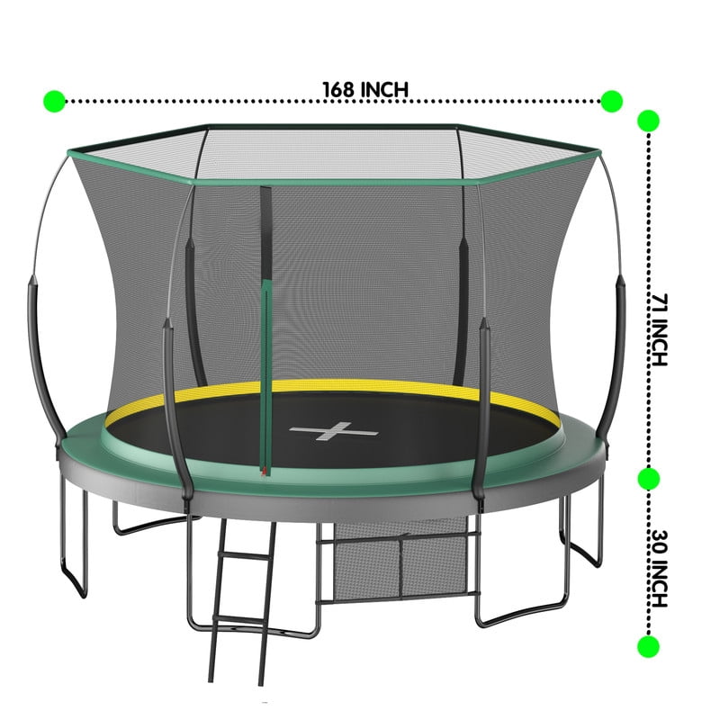 14FT Trampoline for Kids & Adults, Outdoor Recreational Trampoline with Enclosed Safety Net, Ladder & Shoe Bag, Bungee Spring Trampoline for Backyard, Heavy-Duty Galvanized Steel Frame Green