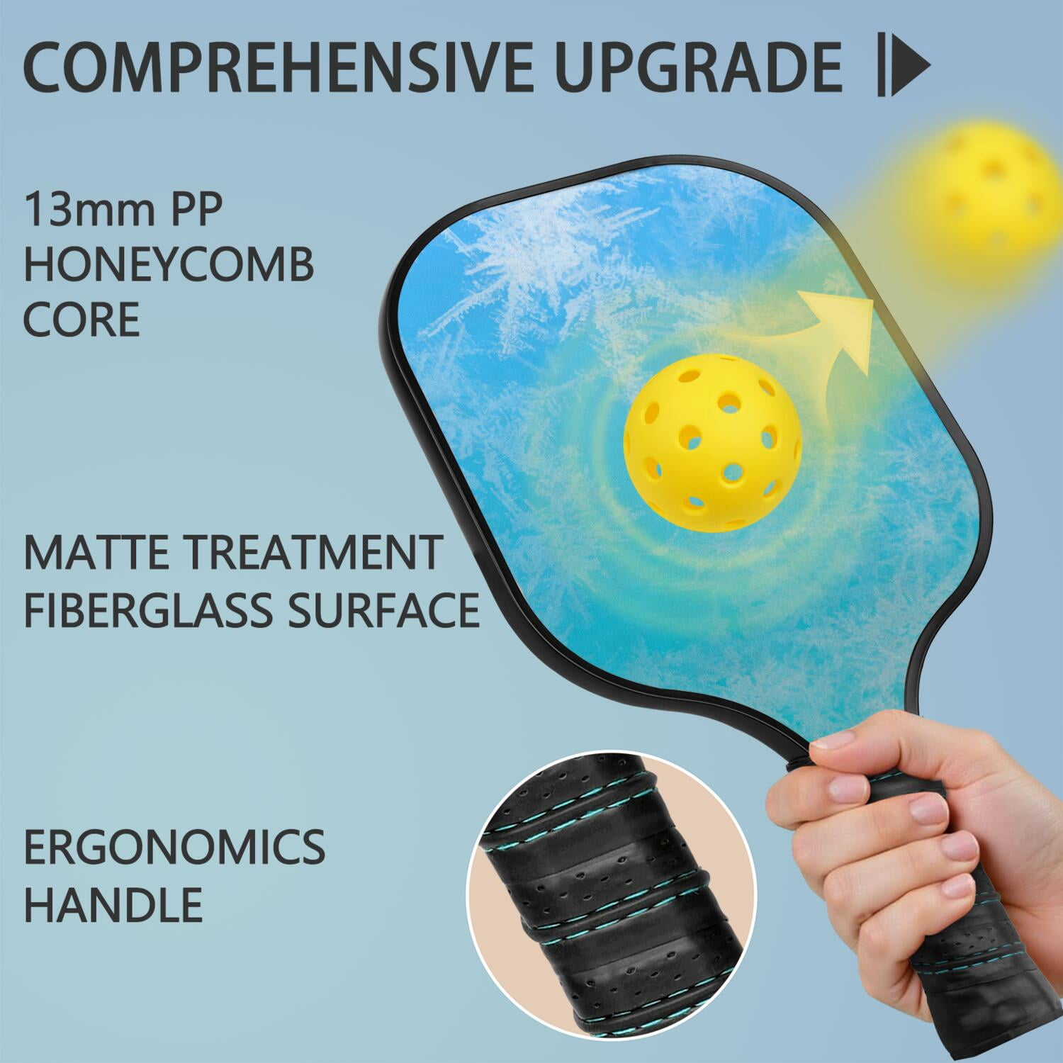 Pickleball Paddles Set Of 1, Fiberglass Surface, Ice Crystal Print, 1 Paddle, 2 Balls & Bag