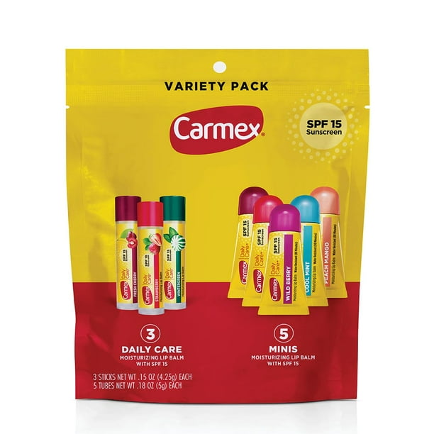 Bálsamo labial Carmex Daily Care con SPF 15, paquete variado de 8 unidades