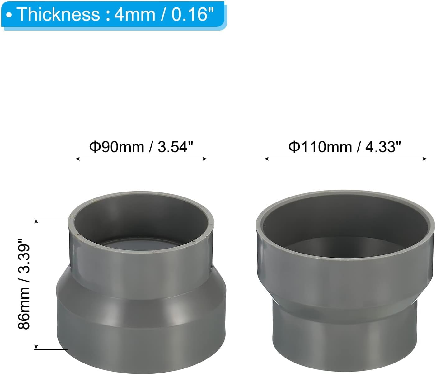 MKEUDQ-4.3" to 3.5" Duct Reducer Connector, Heating Cooling Ventilation Tube Fire-Resistant Increaser Adapter Pipe Fitting for Vent System, Grey