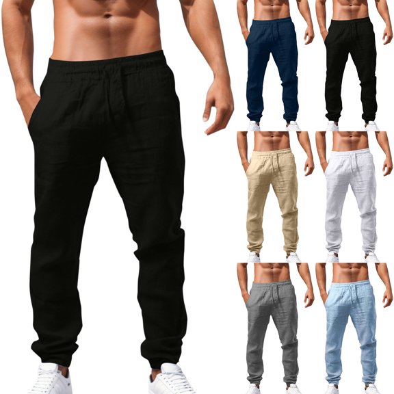 Shadoumai Mens Cotton Linen Pants Casual Drawstring Elastic Waist Straight Leg Track Pants School Uniform Trousers with Pockets