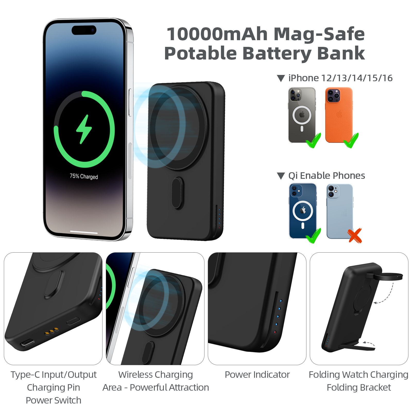 Smtcsl 3 in 1 Wireless Charging Station 10000mAh Power Bank MagSafe for iPhone, Apple Watch