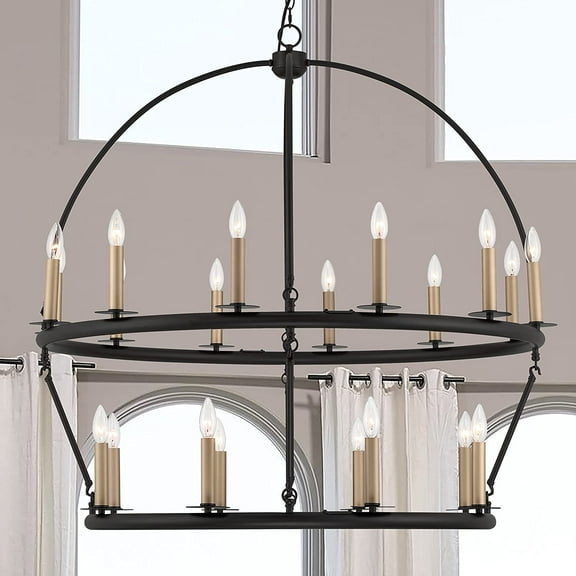 Vanity Art 20 Lights Wagon Wheel Chandelier Lighting in Classic Black | Modern 2 Tiered Hanging Light Farmhouse Candle Style Ceiling Light Fixtures for Living Room Dining Room MLT1220BK-BD