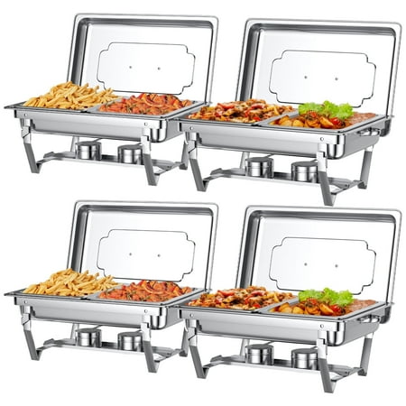 Condition photo showing New/Like New for Chafing Dish Buffet Set 4 Pack: TINANA 8QT Stainless Steel Chafing Dishes 2 Compartment for Buffet  Chafers and Buffet Warmers Sets for Parties  Events  Wedding  Camping  Dinner
