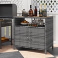 thumbnail image 2 of RELAX4LIFE Wicker Outdoor Bar Cabinet - PE Rattan Patio Bar Table w/Acacia Wood Countertop, Open Shelf & 2 Doors, Buffet Sideboard Organizer for Garden Backyard Pool, Outside Storage Cabinet (Grey), 2 of 9