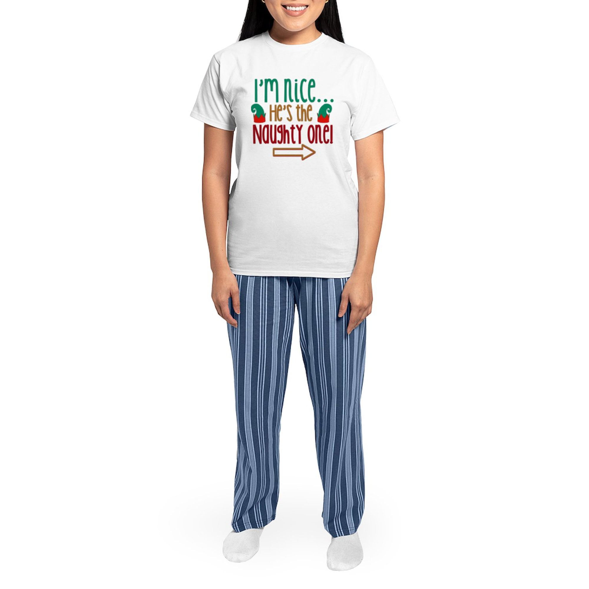 CafePress - Im Nice Hes Naughty Elf Hat Women's Light Pajamas - Women's Short Sleeve Print T-Shirt and Pants Light Cotton Pajama Set