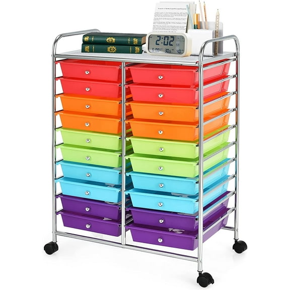 Rolling Cart with 20 Drawers, 20 Tiers Multicolor Trolley, Drawer Bin Carts with 2 Lockable Wheels, Adjustable File & Debris Organizer Cart, Rolling Storage Cart for Office, School, Home