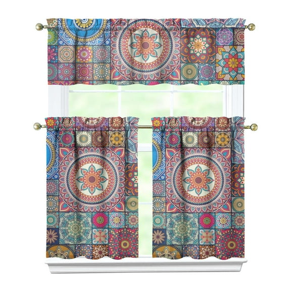 Kitchen Curtains 36 Inch Short - 3 Panel Set, Rod Pocket Window Curtain, Boho Floral Tribal Style, 100% Polyester for Farmhouse, Kitchen, Cafe, Bedroom, Easy Wash