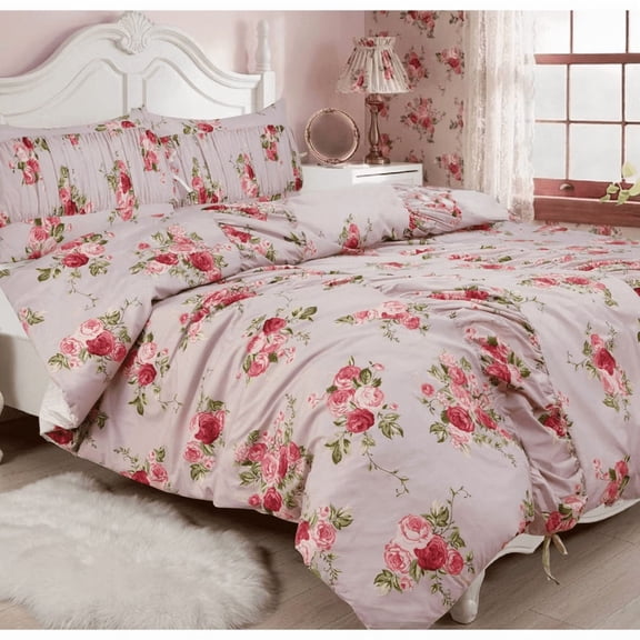 3 Piece Full/Queen Floral Ruched Comforter Set Pink