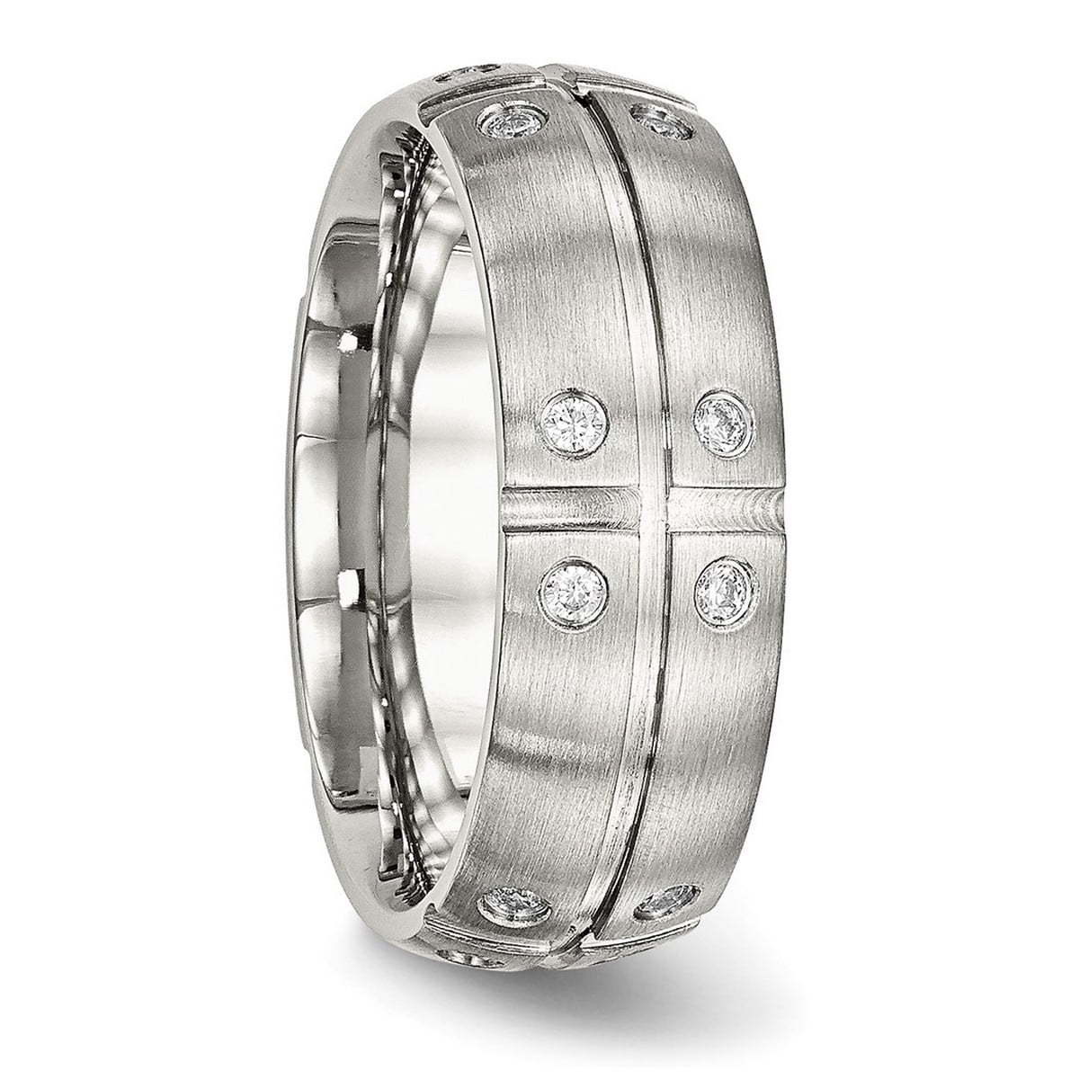 8mm Stainless Steel Brushed Half Round Grooved Cubic Zirconia Ring Size 8 Ring for Women