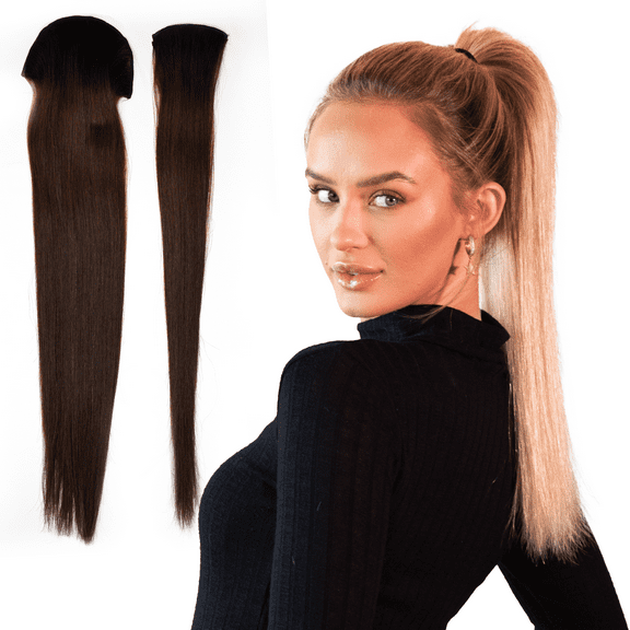 Tail Couture Clip-In Ponytail Extension – 18” 100% Human Hair, Seamless Two-Piece Set – Natural Look, Damage-Free, Easy to Apply – Long Straight Pony Tail Hair Piece for Women - #4 Medium Brown
