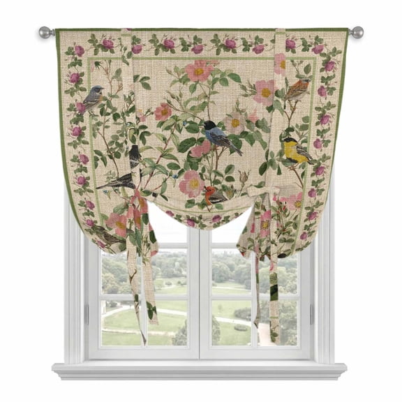 Beige Spring Floral Balloon Curtains 63 Inch Length for Living Room/Bedroom, Elegant Pastoral Flowers Birds Watercolor Rod Pocket Privacy Door Curtains Decorative Tie Up Shade for Window 52"x63"