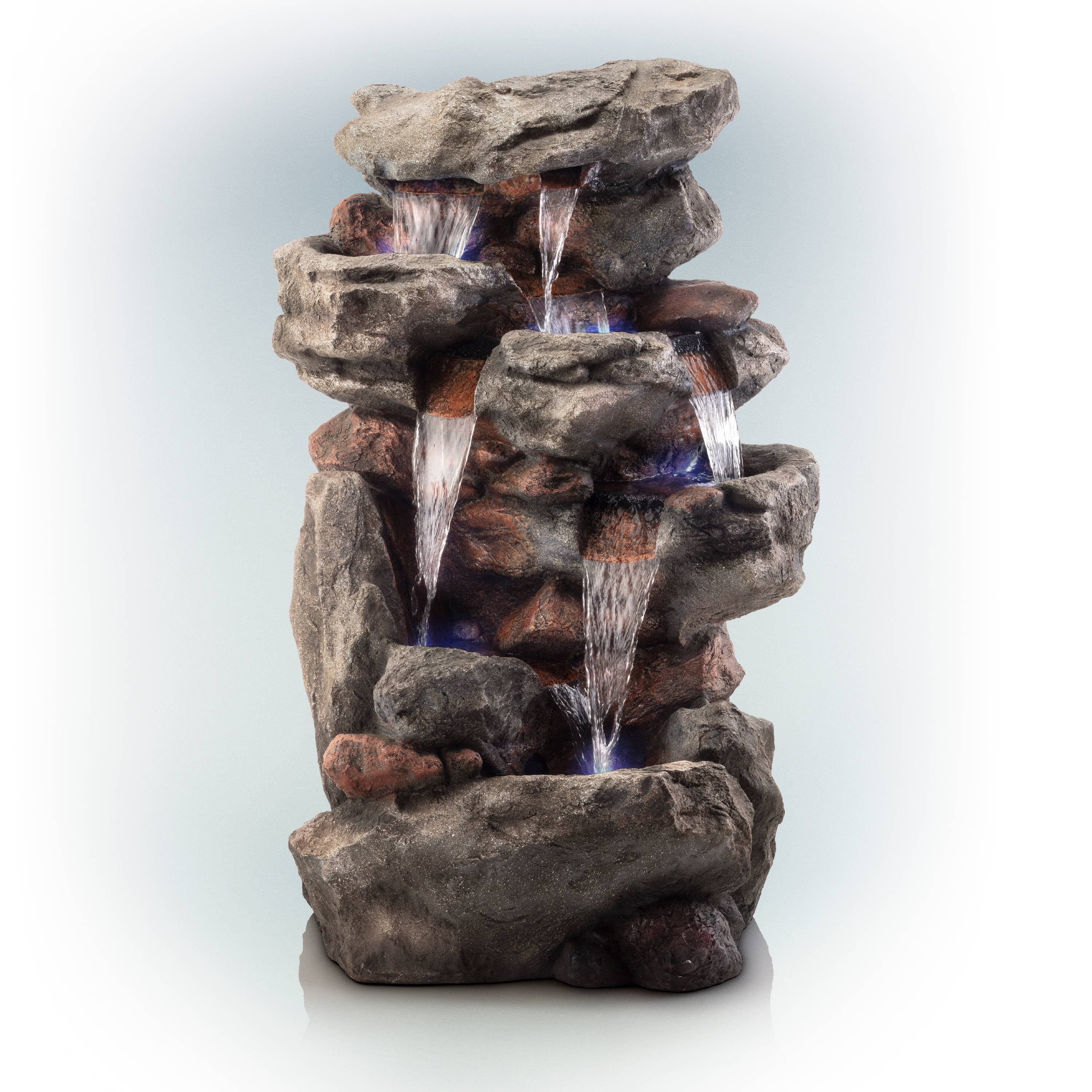 Alpine Corporation Outdoor 5-Tier Rainforest Rock Water Electric Fountain with LED Lights