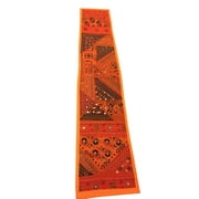 Mogul Moroccan Table Runner Orange Mirror Work Embroidered Tapestry Wall Decor