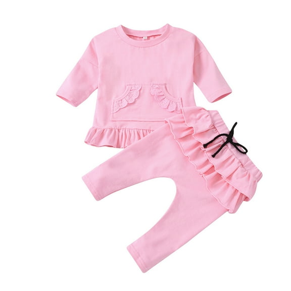 IROINNID Toddler Girl's Lace Pocket Solid Tops Ruffles Pants Outfits Set