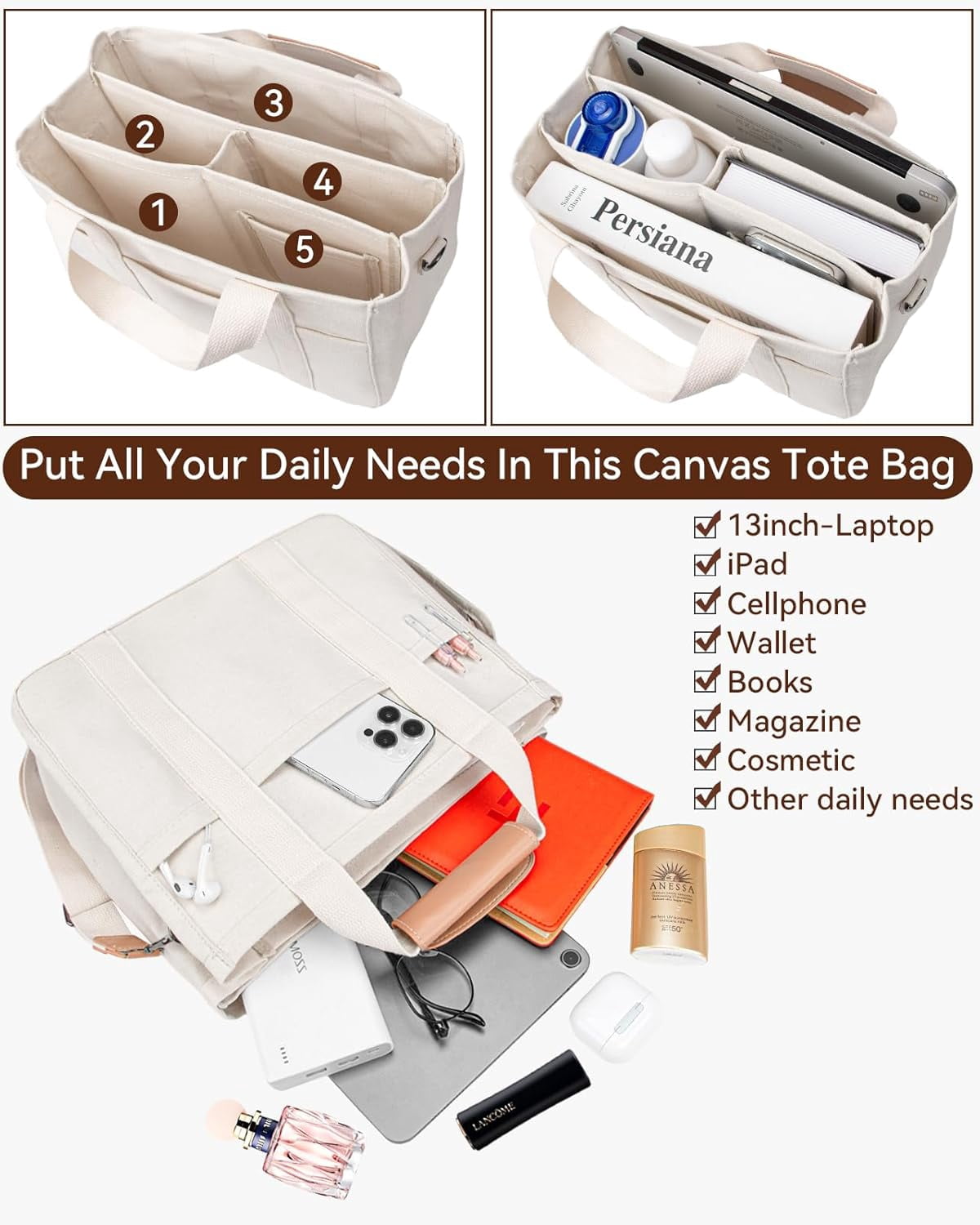 JennyShop Quality Tote Bag with Compartments, Canvas Tote Bag with Multi-Pocket for Women, Large Crossbody Shoulder Handbag