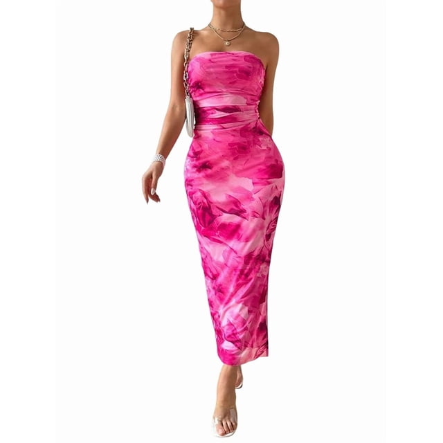 Women'S Summer Dress Printed Strapless Tube Bodycon Maxi Side Slit Mesh Layered Rose Red XL