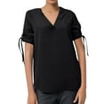 thumbnail image 2 of Tittly T Shirts for Women Spring Tops for Women New Chiffon Long Sleeved Shirt Solid Color V Neck Pullover Casual Loose T Shirt Top Tshirts Shirts Basic Tees Black L, 2 of 4
