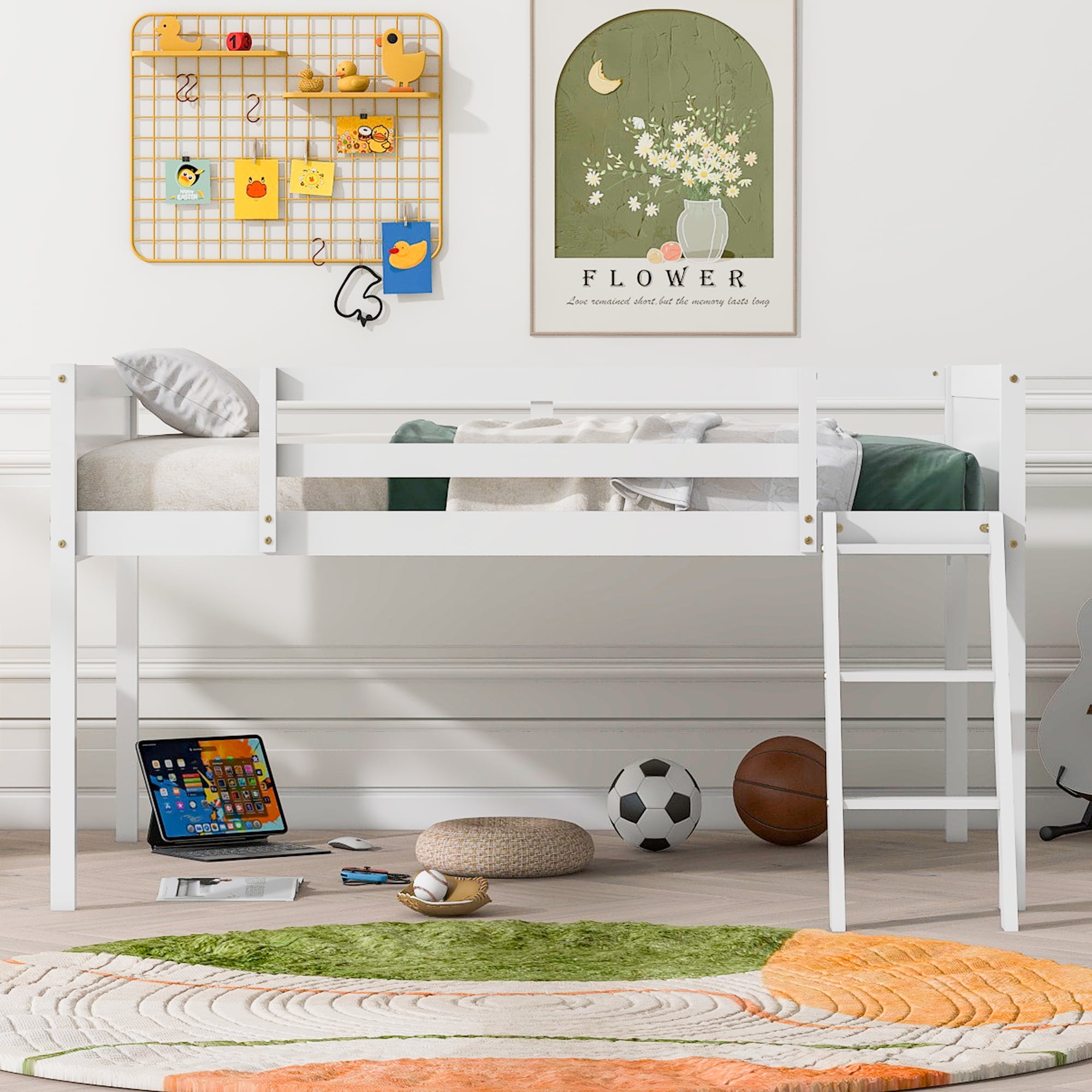 MAYEERTY Full Size Wood Low Loft Bed with Ladder, ladder can be placed on the left or right, White