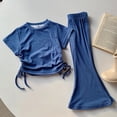 thumbnail image 2 of Paguaki Girls 2 Outfits Short Sleeve Ruched Drawstring Crewneck Tops Flare Leg Pants Summer Clothing Sets, 2 of 6
