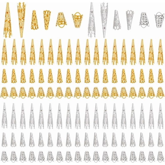120pcs 3 Shapes Long Flower Bead Caps Filigree Bead Caps Hollow Flower End Cap Metal Cones Spacer Beads for Jewelry Making Bracelet Necklace DIY Crafts Golden Silver