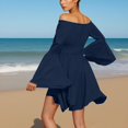 thumbnail image 5 of Women Above Knee Dress Long Flared Sleeve Off Shoulder Strapless Solid Color Smocked Waist Dress(NavyS), 5 of 6