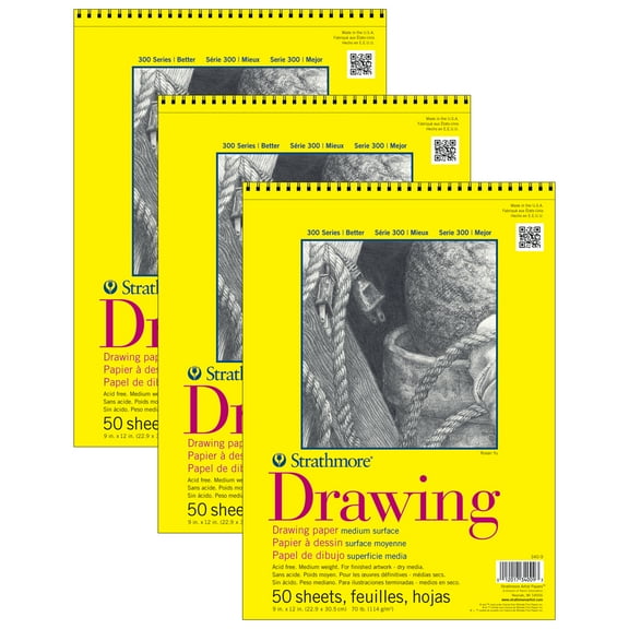 Strathmore 300 Series Drawing Pad, Top Wire Binding, 50 Sheet, 9x12 inch, Pack of 3