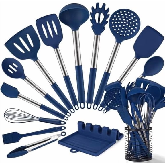 446°F Heat Resistant Silicone Kitchen Utensils, BPA Free Cooking Utensil Set, Spatula Set, Kitchen Gadgets, with Stainless Steel Utensils Holder, Dishwasher Safe, 14pcs Classic Blue