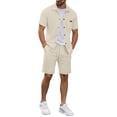 thumbnail image 5 of HBGVBA Men Athleisure 2 Piece Set Solid Color Short Sleeve Lapel Button Down Shirt Knit Shorts Casual Outfit, 5 of 5