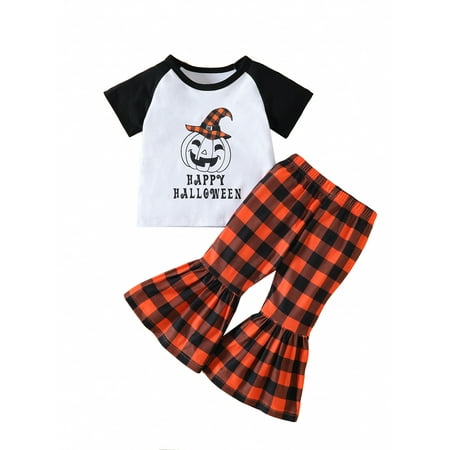 

Bagilaanoe 2Pcs Toddler Baby Girl Halloween Outfits Letters Pumpkin Print Short Sleeve T-Shirts Tops + Plaid Flared Trousers 6M 12M 18M 24M 3T 4T 5T Kids Long Pants Set