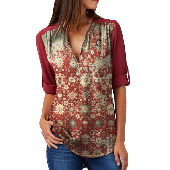Gvmfive Women's V-Neck 3/4 Sleeve Zip Front Floral Tunic Casual Top Blouse