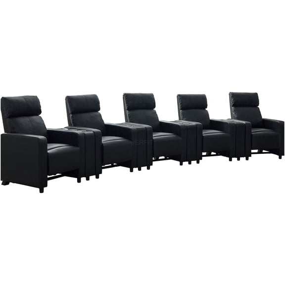 JERFIT 5-Piece Black Faux Leather Home Theater Recliner Set with Cup Holder Consoles, Upholstered Seating for Media Room
