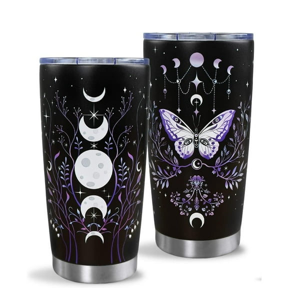 Gothic Butterfly Tumbler with Lid and Straw, Moon Phase Witch Cup Water Bottle Coffee Travel Mug Stainless Steel Vacuum Insulated 20 Oz Tumblers Black Purple, Goth Halloween Witchy Gifts for Women