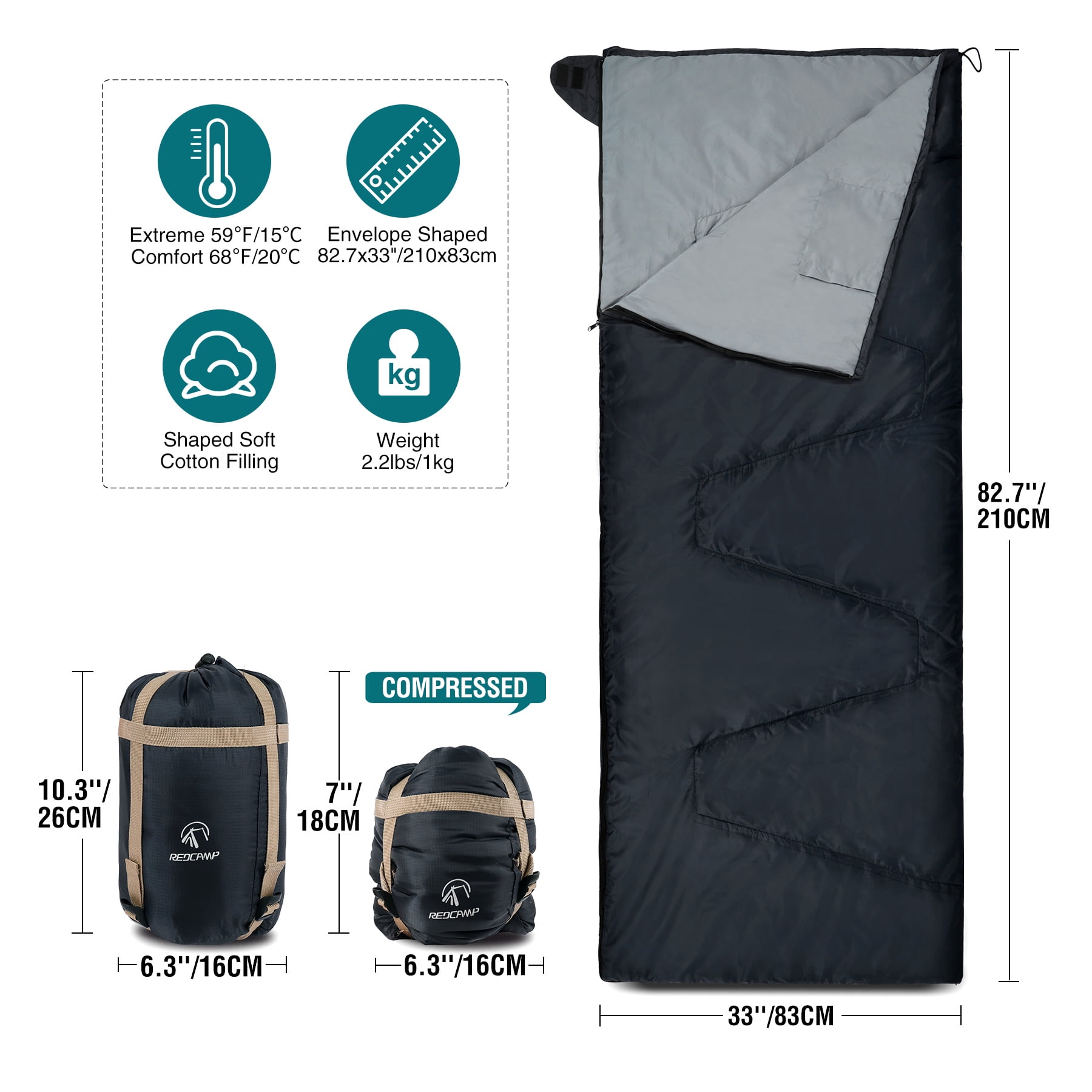 REDCAMP Ultra Light Weight Sleeping Bags for Adults, Zippered Compact Summer Sleeping Bags with Compression Sack for Backpacking Camping Hiking Travel, Black