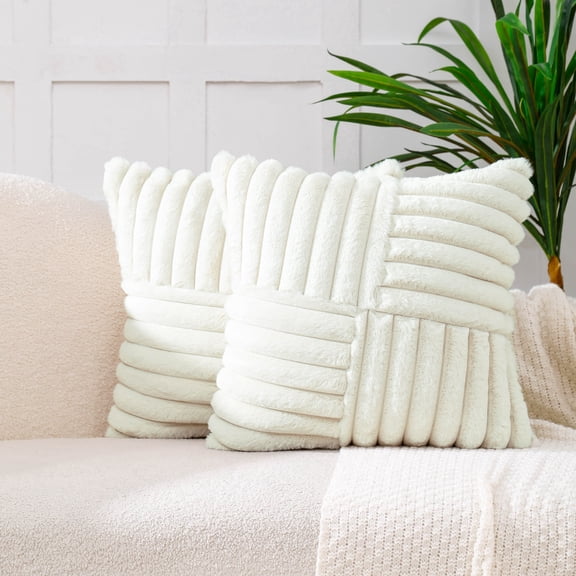 All Smiles Couch Decorative Throw Pillow Covers 18x18 Set of 2 Faux Fur Plush Soft Fluffy Striped Cushion Case Home Decor for Sofa Living Room Bedroom,Cream