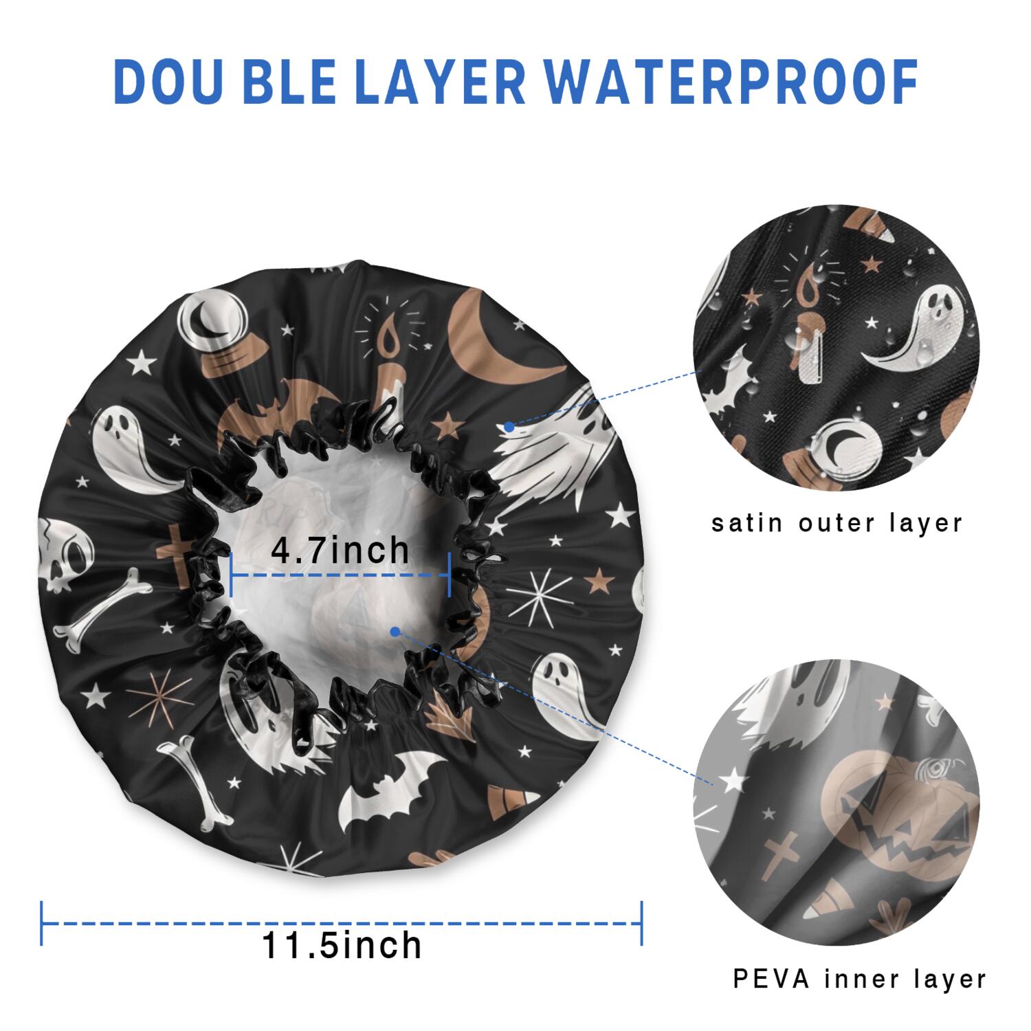 Shower Caps,Vintage Halloween Pattern Waterproof Shower Cap for Women 4 Pieces,Double Reusable Hair Cover for Shower PEVA Elastic Stretch Hem
