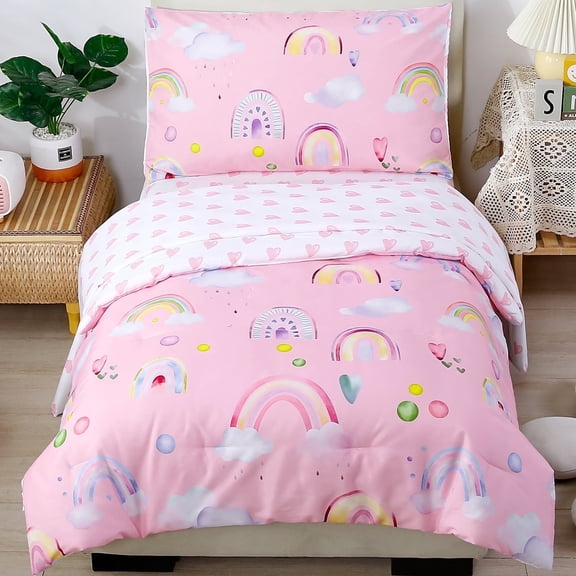PERFEMET 4-Piece Toddler Bedding Set,Ultra Soft Colorful Rainbow Cloud on Pink Girls Toddler Comforter Set,Include Comforter, Flat Sheet, Fitted Sheet and Reversible Pillowcase