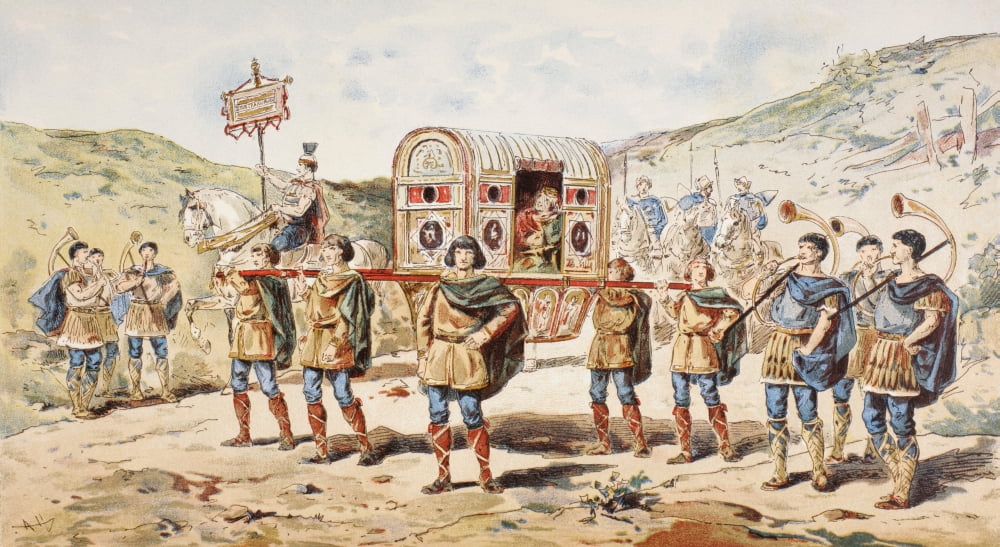 A 9Th Century Noblewoman Carried In A Litter By Four Men Mounted Escort And Horn Players After A Watercolour By A Heins From Cortege Historique Des Moyens De Transport Published Brussels 1886 Canvas A