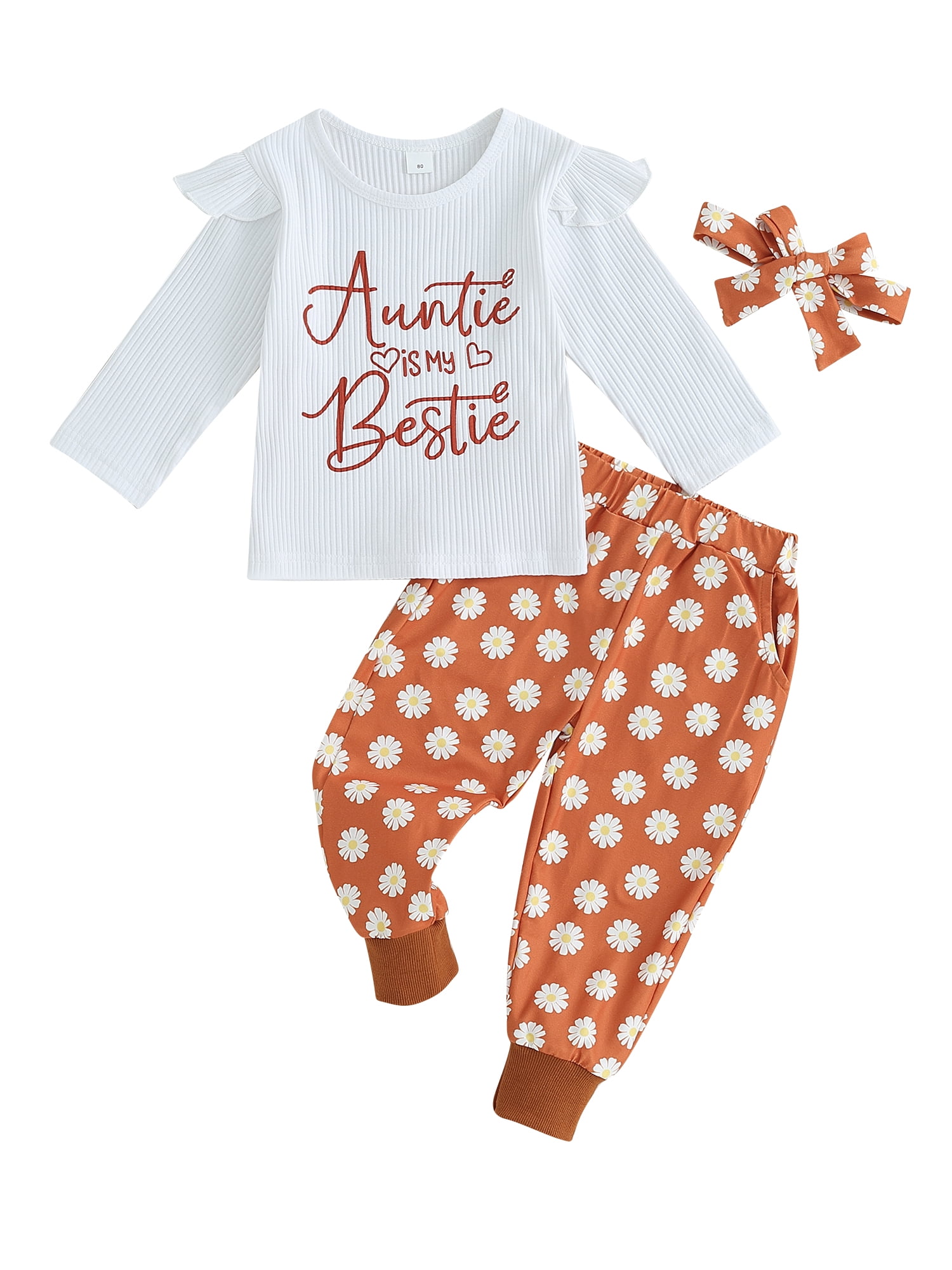 3pcs Toddler Baby Girl Pants Set Ribbed Ruffled Long Sleeve TShirts