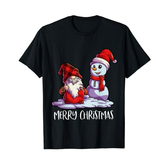 Gnome Merry Christmas Red Buffalo Plaid Pattern XMas Snowman T-Shirt