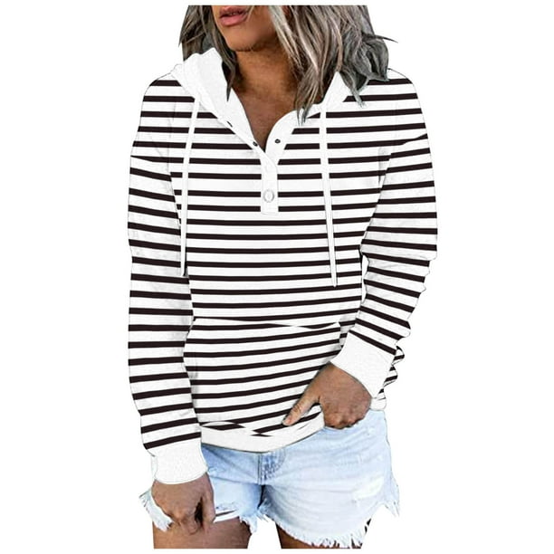 Sudaderas con cremallera Gibobby para mujer Sudadera con capucha estampada a rayas Blusa informal de Manga larga con cordón Negro M