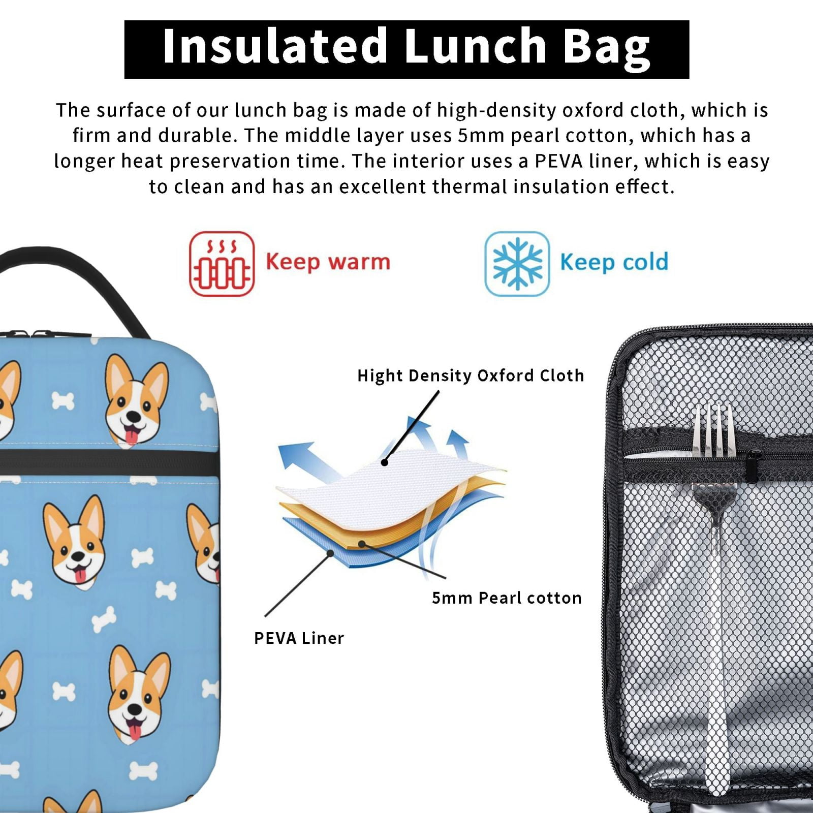 Lunch Bag For Women Men Insulated Portable Lunch Box Bento Box Office Picnic Travel Cooler Bag Corgi And Bones (3)