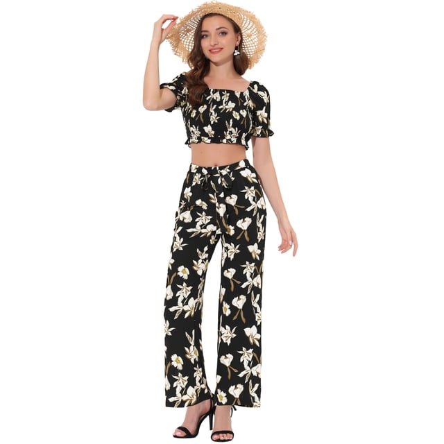 INSPIRE CHIC Conjunto Bohemio Floral De Dos Piezas Para Mujer, Informal, Con Cuello Cuadrado, Blusas Cortas Y Pantalones De Pierna Ancha Con Cintura Anudada Negro M