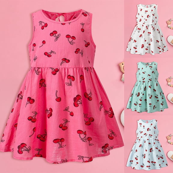 Trendfront Toddler Girls A Line Play Dress Mini Sleeveless Crew Neck Allover Cherry Fruit Print Pleated Gathered Waist Casual Daily Summer Wear