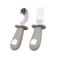 thumbnail image 5 of Juego de tenedores y cucharas de acero inoxidable para niños pequeños, utensilios seguros de silicona simples y bonitos de calidad alimentaria, A5 # gris y verde, 5 of 5