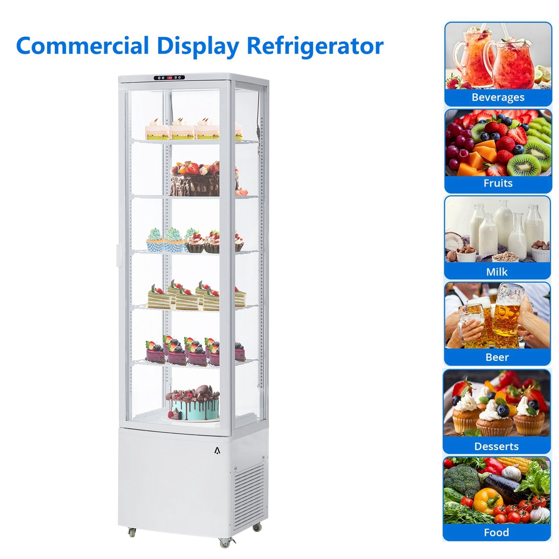6-Tier Upright Commercial Refrigerator Display Case with Universal wheel,10.52 Cu.FT Single-Door Countertop Pastry Display Case with Interior LED Lighting,Double-Layered Glass